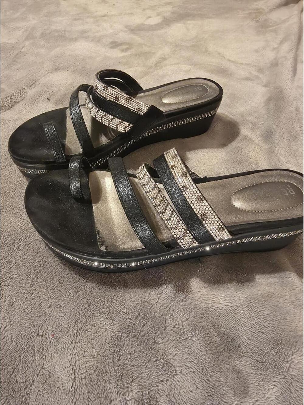 Ken Cole Black Wedge Slide Sandals with Rhinestone Straps 7.5